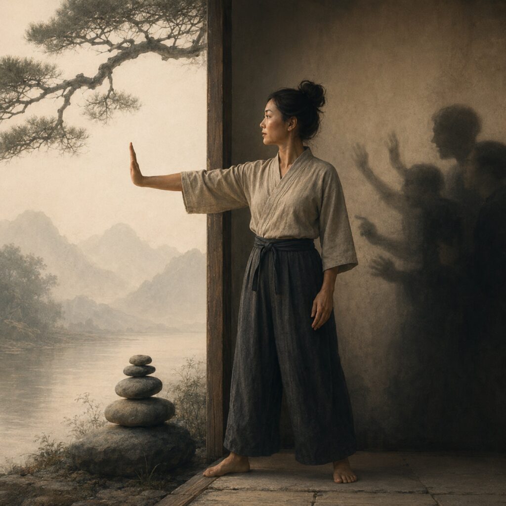 Illustration: Eine Frau hebt ruhig die Hand zum Stopp, hinter ihr drängen Schatten an der Wand
